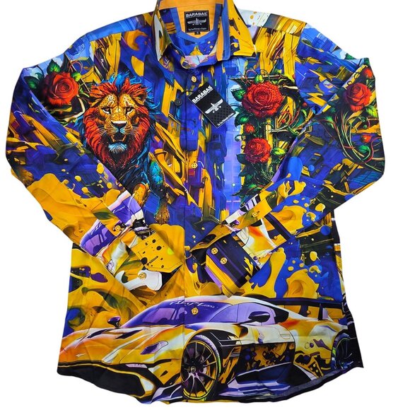 Barabas Mens Small Multicolor Vibrant Lion & Roses Graphic Button-Up Shirt - Picture 2 of 9